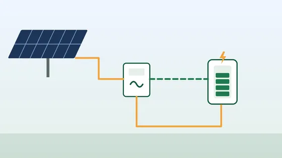 Illustration of solar panels wired through an inverter to a home battery