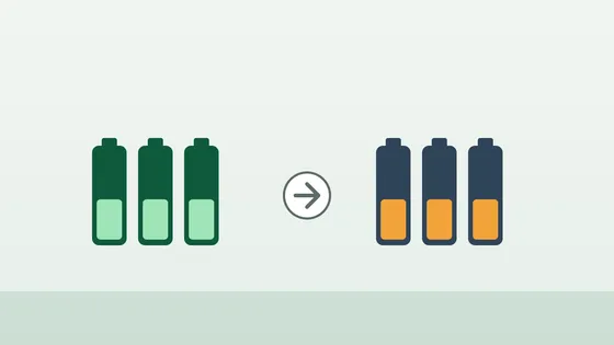Illustration comparing two sets of battery cells in green and dark blue