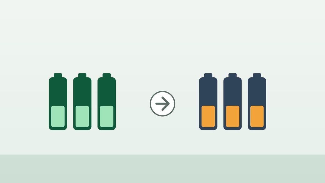 Illustration comparing two sets of battery cells in green and dark blue