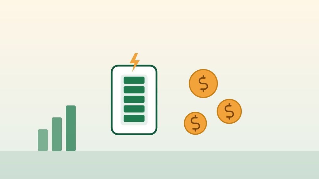 Illustration of a home battery next to gold coins and a rising bar chart