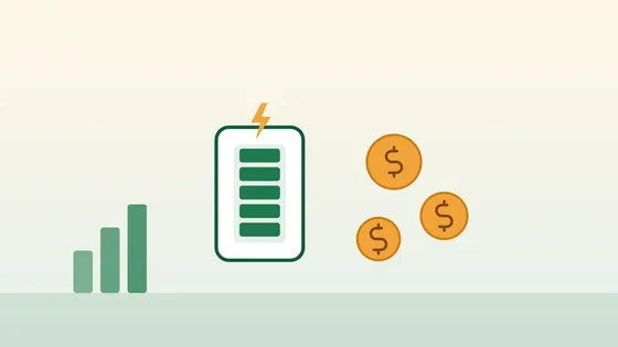 Illustration of a home battery next to gold coins and a rising bar chart