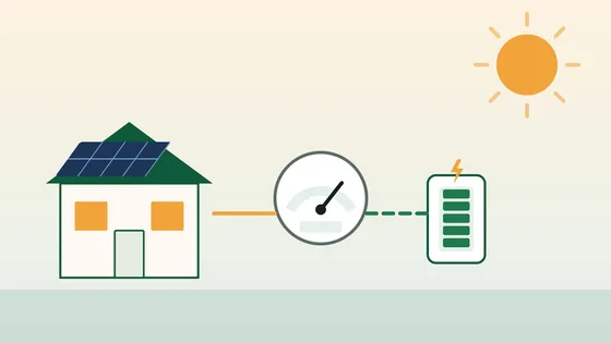 Illustration of a house with solar panels connected to an electricity meter and a home battery