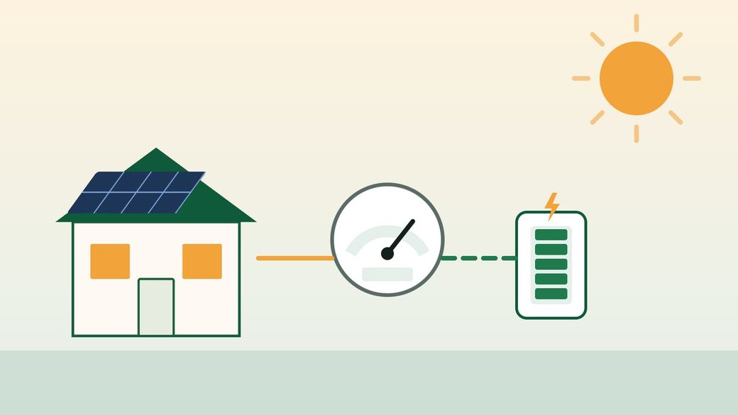 Illustration of a house with solar panels connected to an electricity meter and a home battery