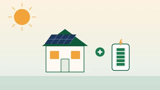 Illustration of a house with rooftop solar panels, a plus sign and a home battery being added