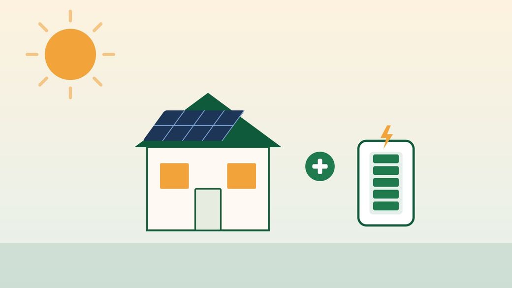 Illustration of a house with rooftop solar panels, a plus sign and a home battery being added
