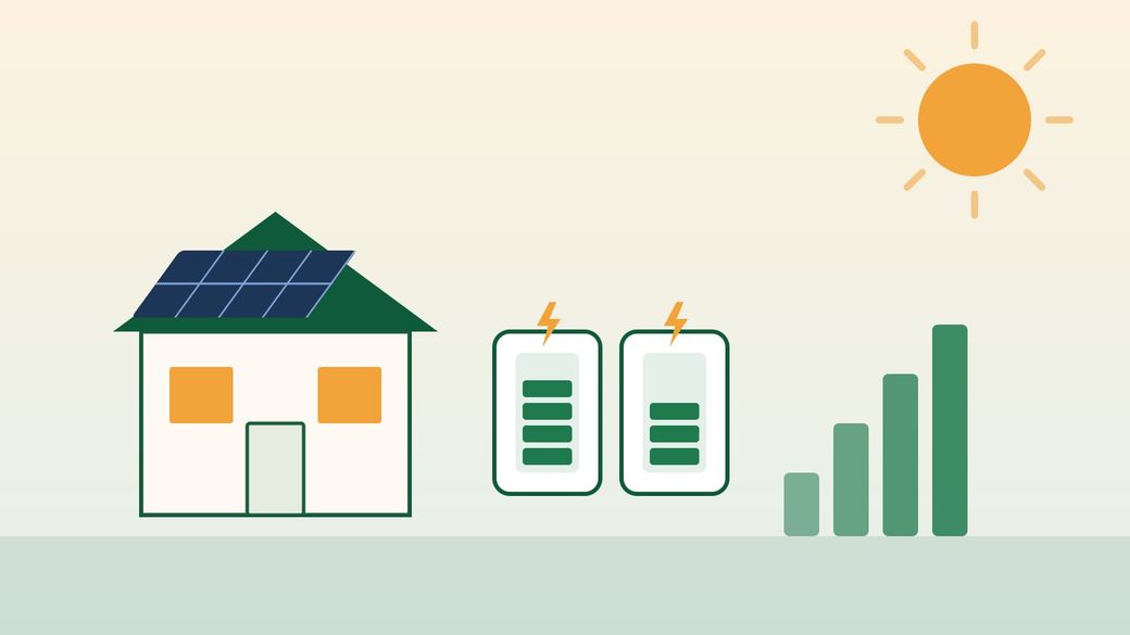 Illustration of a house with solar panels next to two home batteries and a rising bar chart