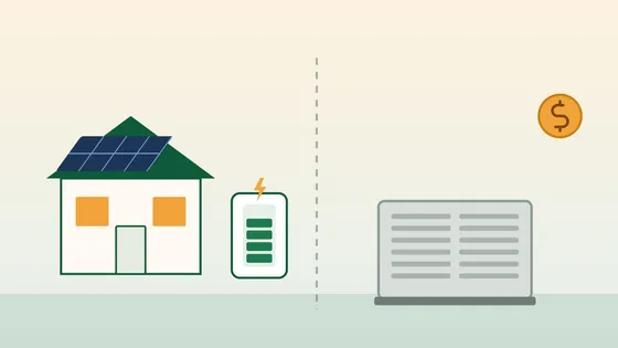 Illustration of a house with a wall battery on one side and an outdoor standby generator on the other