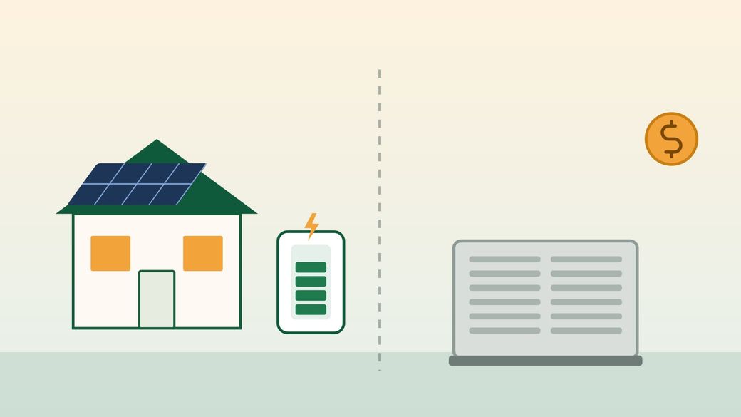 Illustration of a house with a wall battery on one side and an outdoor standby generator on the other