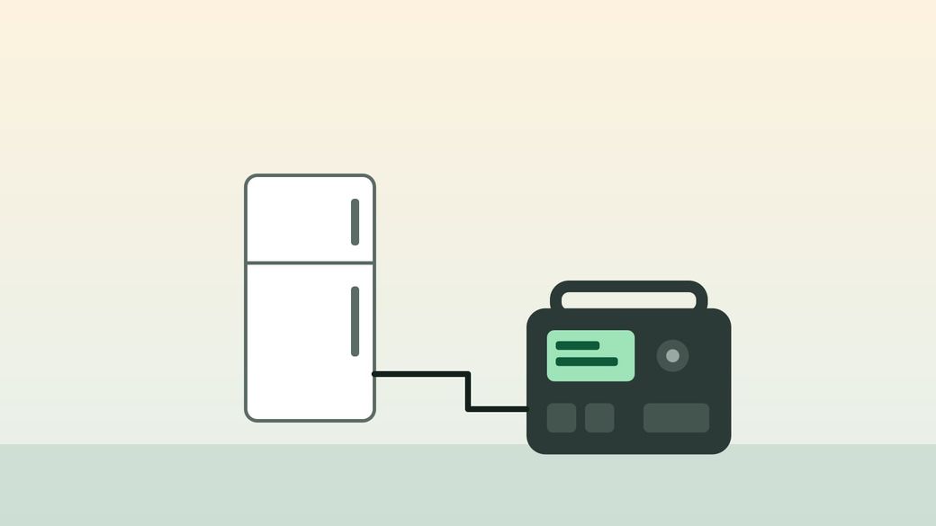Illustration of a refrigerator plugged into a portable power station