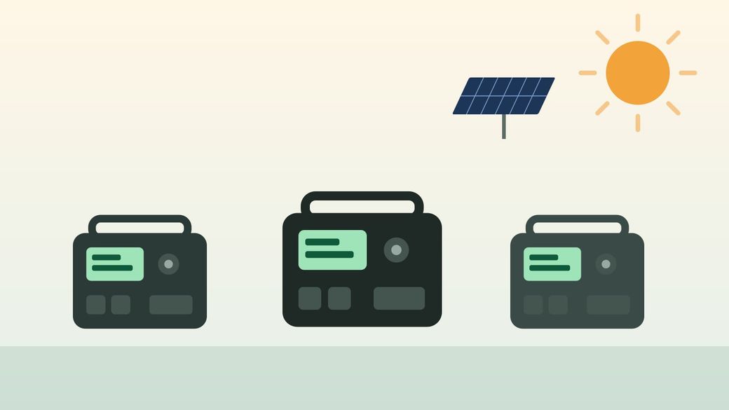 Illustration of several portable power stations of different sizes next to a solar panel