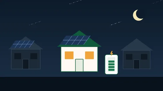 Illustration of a dark street at night where one house with solar panels and a battery still has its lights on