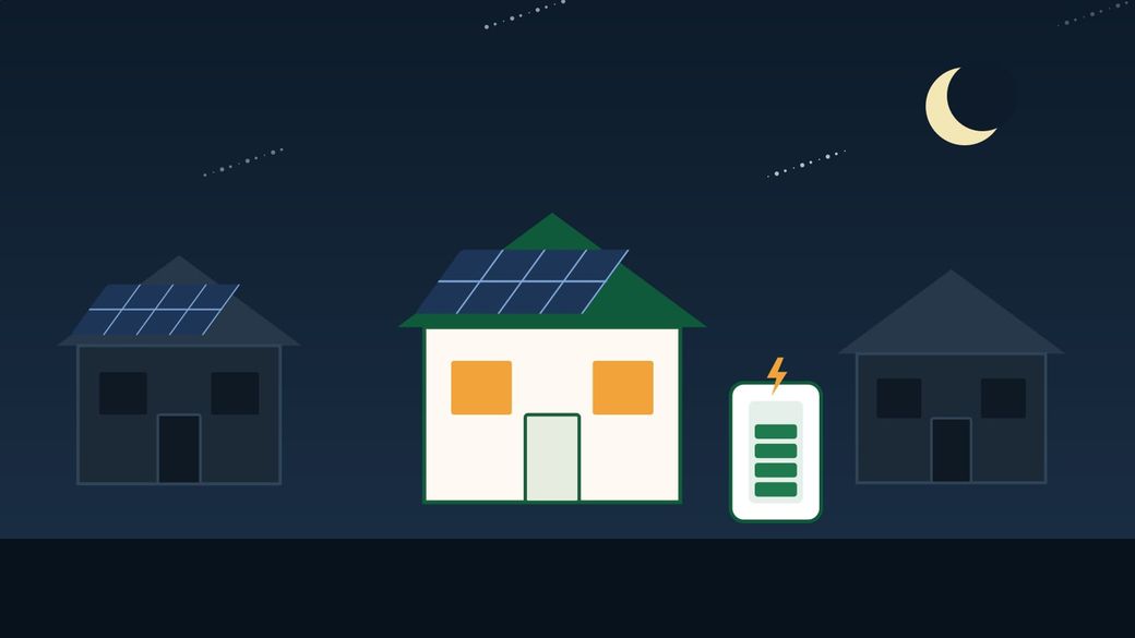 Illustration of a dark street at night where one house with solar panels and a battery still has its lights on