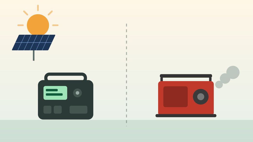 Illustration of a portable power station with solar panels next to a red gas generator